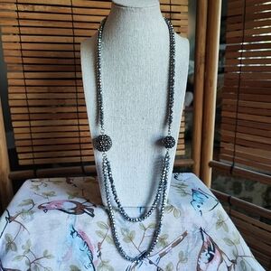 Sparkling Faceted Hematite Glass Dual Strand Silver Tone Extra Long Necklace